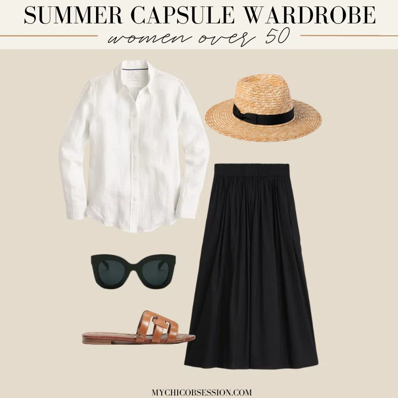 summer capsule wardrobe women over 50 outfit linen button-down