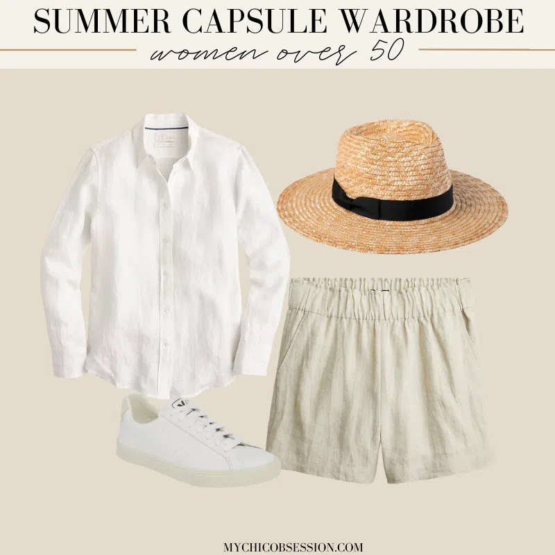 summer capsule wardrobe women over 50 outfit linen button-down