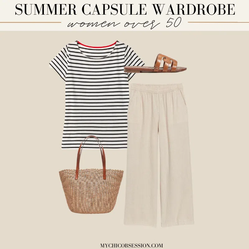 summer capsule wardrobe women over 50 outfit striped shirt