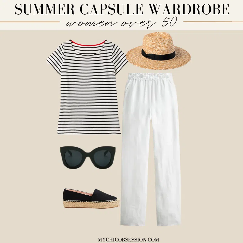 summer capsule wardrobe women over 50 outfit striped shirt