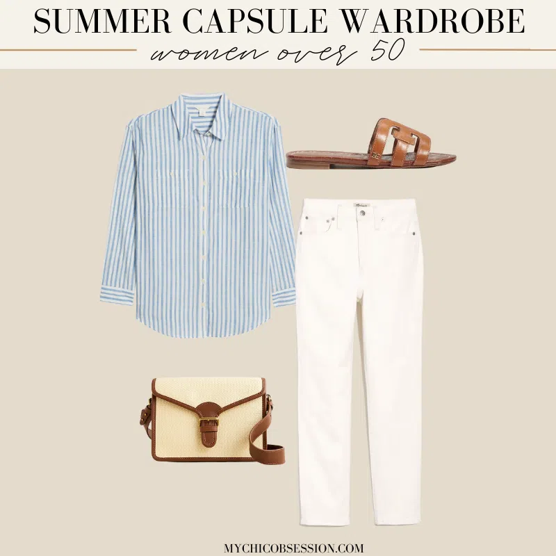 summer capsule wardrobe women over 50 blue button down outfit