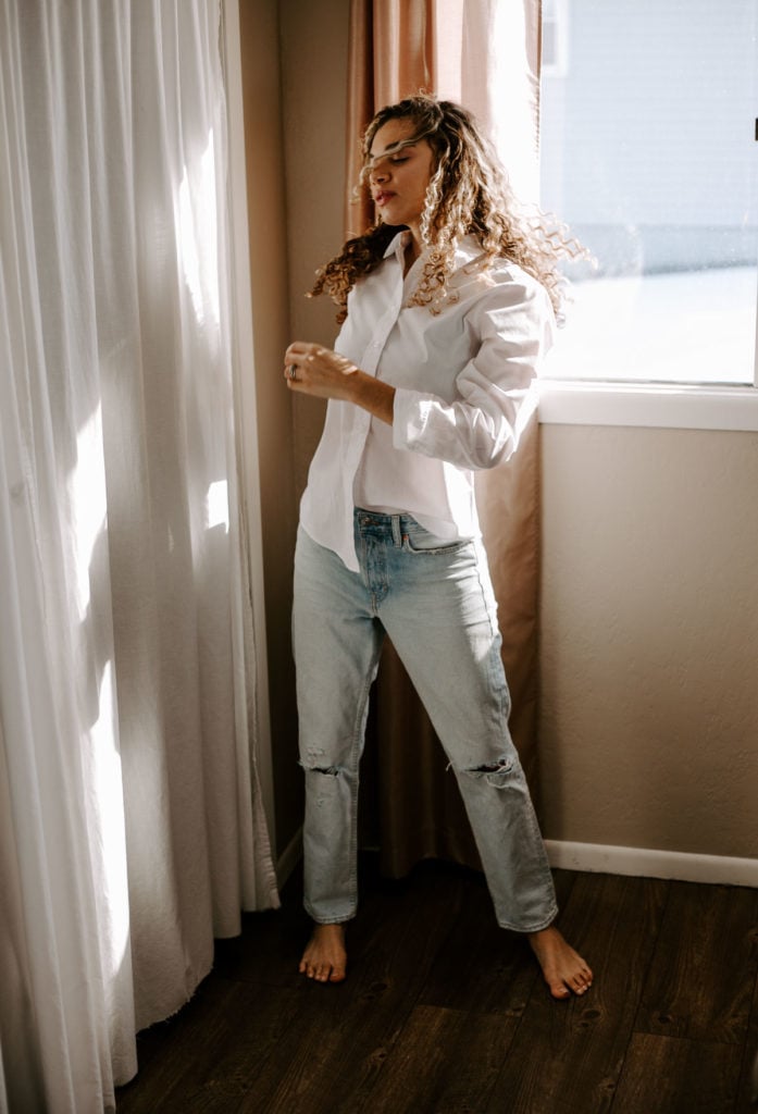 Sometimes the simple outfits are best! This white button down and denim outfit combo is classic and perfect for any time.