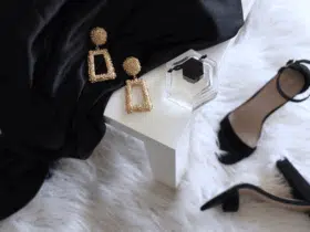 Flatlay of heels and earrings