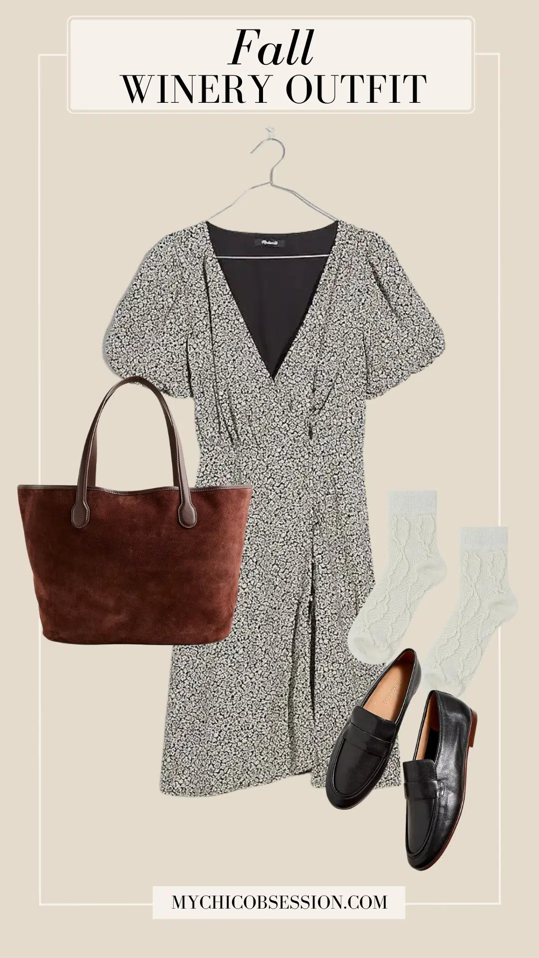 fall winery outfit wrap dress velvet shoulder bag loafers high socks