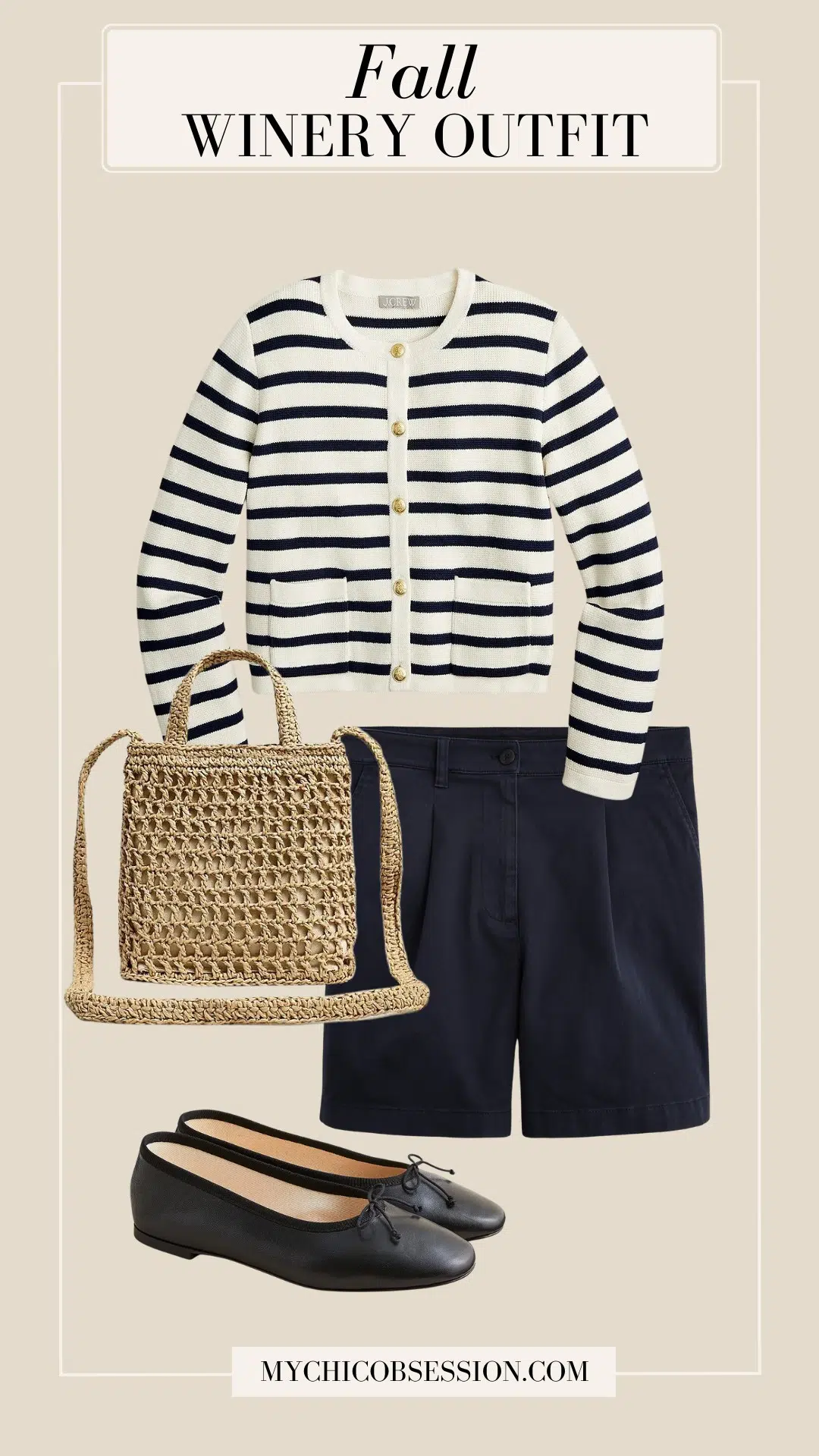 fall winery outfit striped cardigan shorts flats woven bag