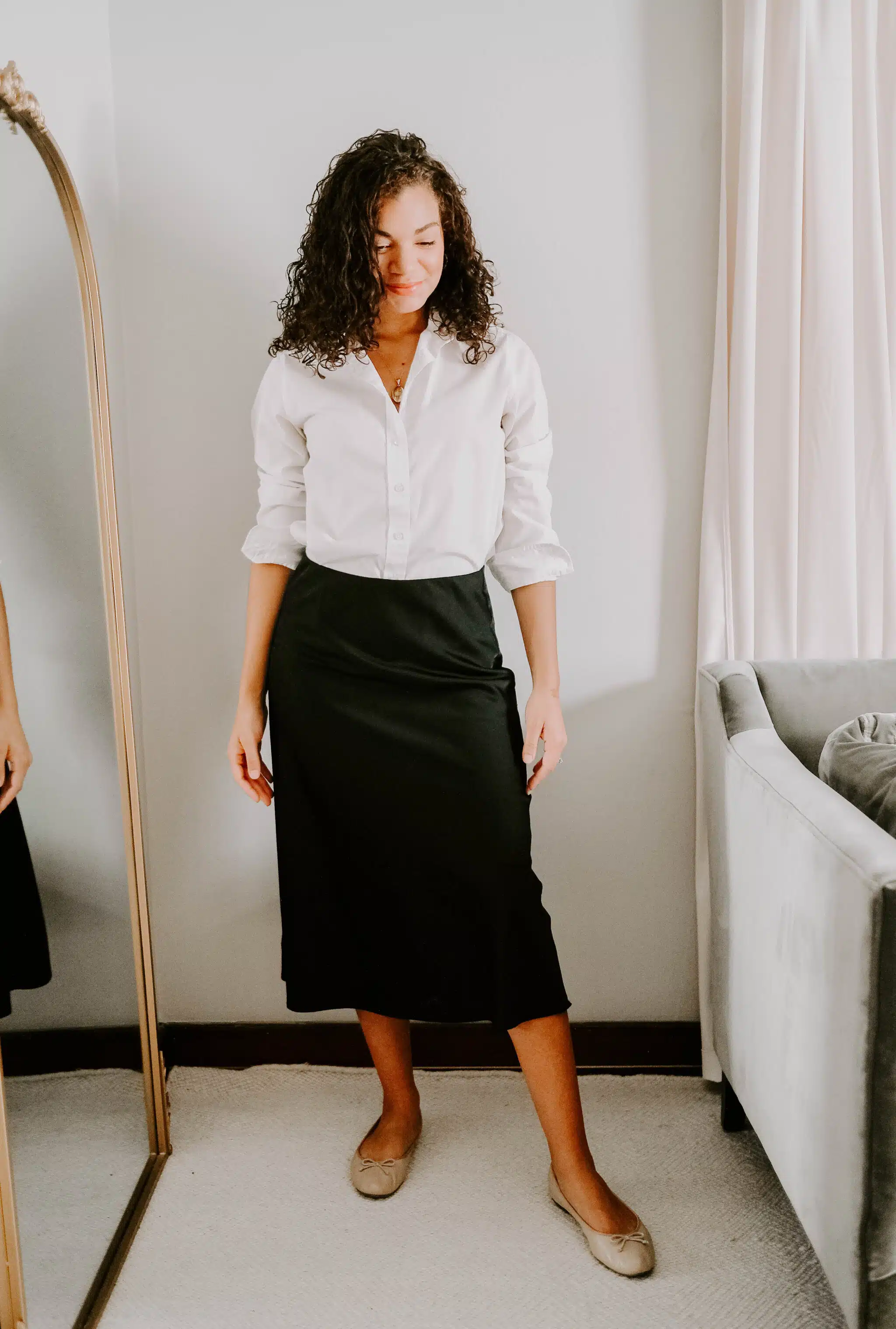 white button down and slip skirt outfit