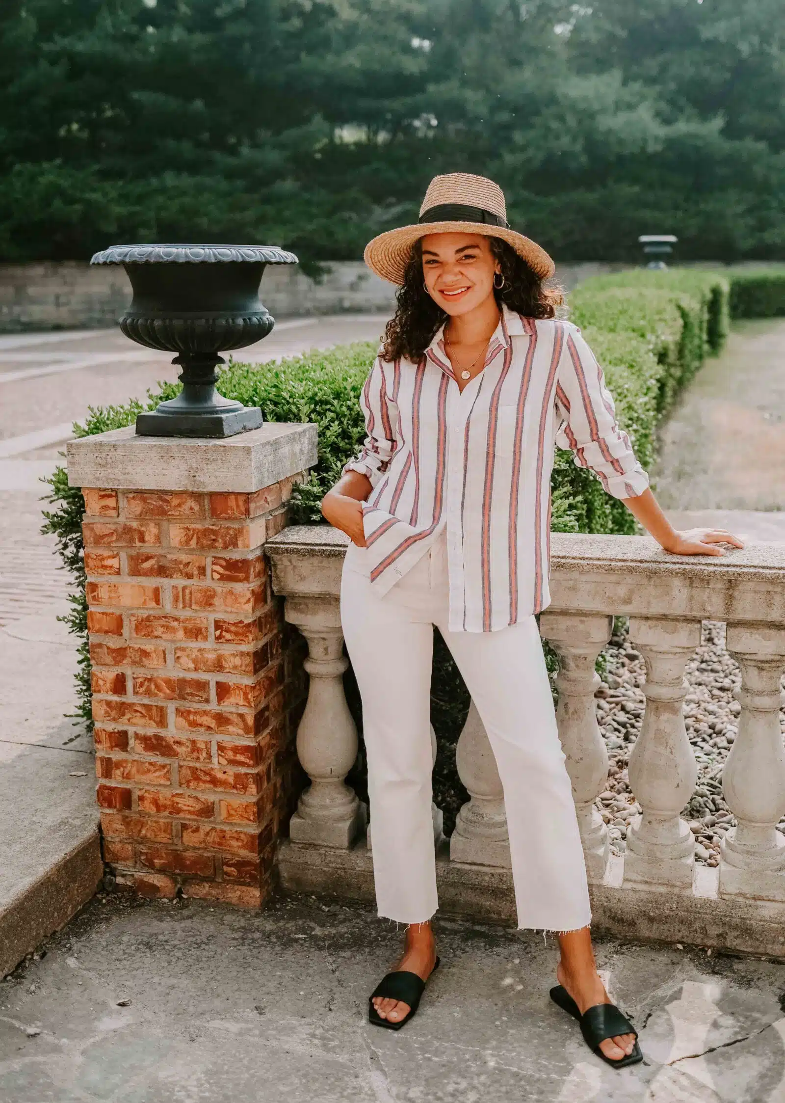 striped linen button down summer outfit